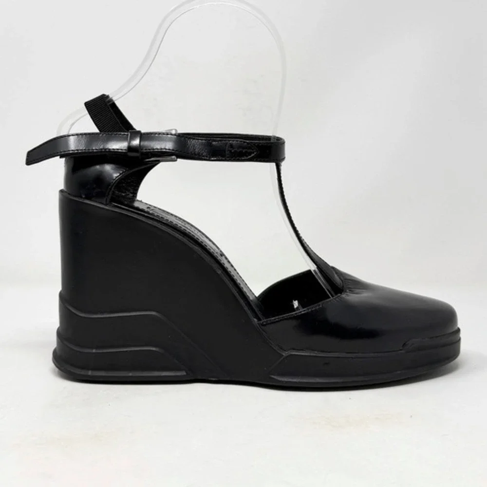 Prada Black Wedge Sandals T‎ Strap Leather Heels 37.5